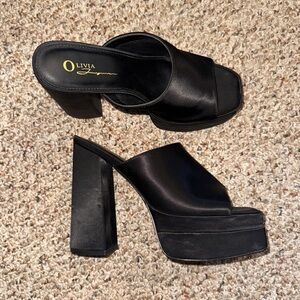 Platform Chunky Satin Black Mules Heels 9